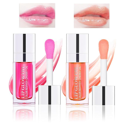 2PCS Lip Oil Set, Hydrating Lip Glow Oil Lip Plumper Gloss, Tinted Lip Oils Transparent Long Lasting Non-sticky Lip Gloss, Plumping Lip Gloss Lip Care Kit (Raspberry & Pink)-FemmiqueWomen
