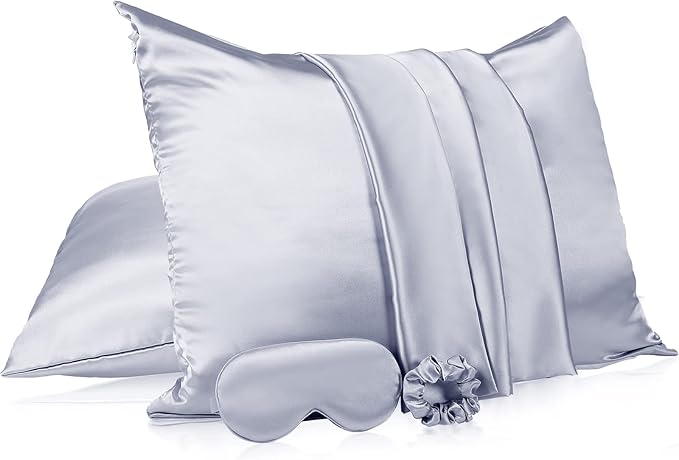 2 Pack Satin Pillowcase with Latent Zipper, Adjustable Satin Eye Mask for Sleeping and Satin Volume Scrunchie for Hair and Skin, Standard Size (Silver,Classic Style)-FemmiqueWomen
