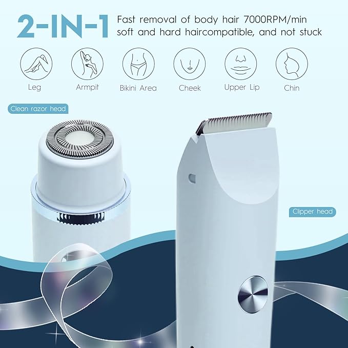 2025 Upgraded Dermave Bikini Shaver - 2 in 1 Bikini Trimmer for Women with LCD Display, Dual Head Cordless Electric Shaver, IPX7 Waterproof Wet/Dry Body Hair Trimmer for Face,Blue-FemmiqueWomen