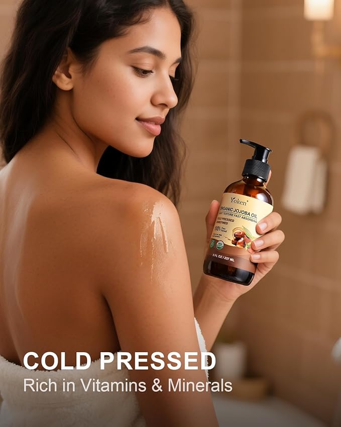 Yoken Organic Jojoba Oil Glass Bottle 8 fl oz, USDA Certified 100% Pure & Natural Jojoba Oil for Hair, Skin & Face, Cold Pressed Unrefined Hexane Free, Deeply Moisturizing Body Serum Oils for Gua Sha-FemmiqueWomen