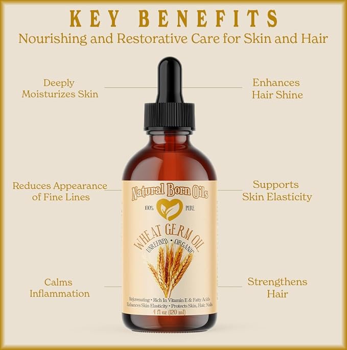 Natural Born Oils Wheat Germ Oil. 4oz. 100% Pure, Natural, Organic, Cold-pressed, Unrefined, Rejuvenating, Rich in Vitamin E. Moisturizer for Skin Hair-FemmiqueWomen