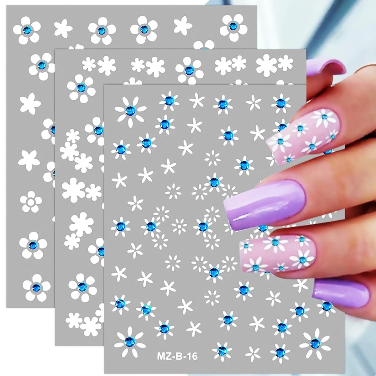 30Pcs White Flower Nail Art Stickers Decals- Daisy Floral Cherry Blossoms Nail Stickers Blue Rhinestone Nail Designs Sticker for Gel Nails 3D Self-Adhesive Spring Nail Decals for Nail Art Decoration-FemmiqueWomen