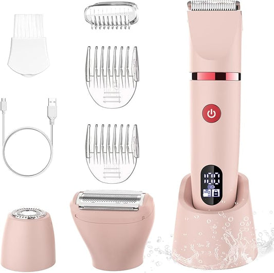 3-in-1 Electric Razor IPX7 Waterproof Bikini Trimmer Wet & Dry Use Painless Personal Trimmer Groomer for Ladies Face Body Legs Bikini Public Hairs Electric Lady Shaver with Replaceable Heads-FemmiqueWomen