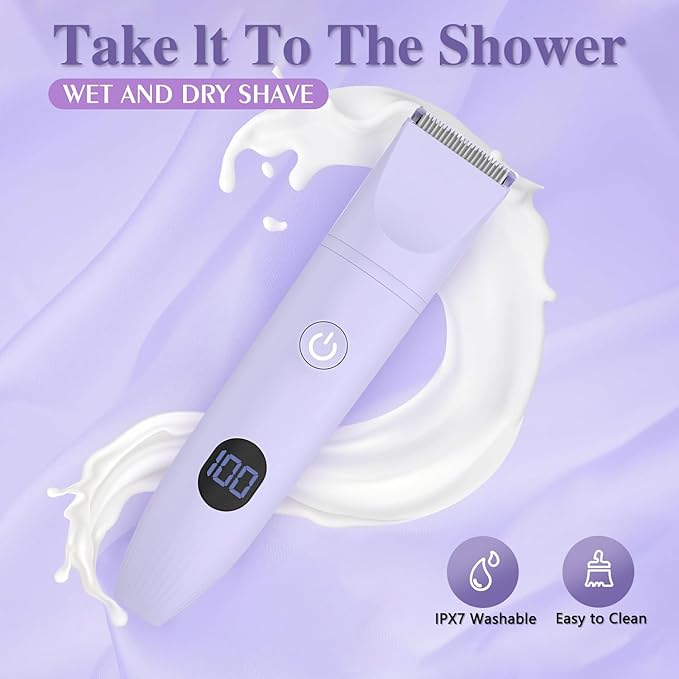 3-in-1 Bikini Trimmer for Women, IPX7 Waterproof Electric Shaver for Women-Rechargeable Electric Razors for Pubic, Facial & Body Hair Trimmer with LED Display, Travel Kit & Painless Blades (Purple)-FemmiqueWomen