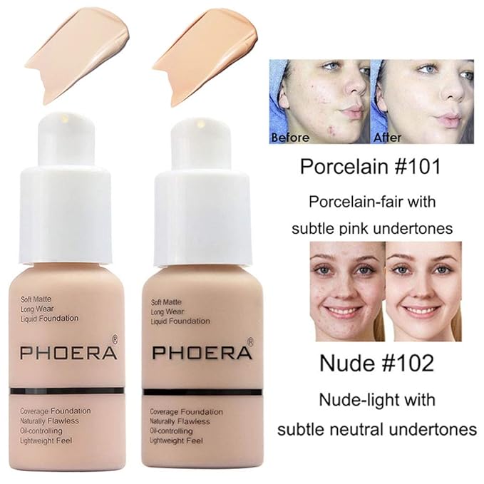 2 Pcs Liquid Foundation 101 and 102 with Kabuki Foundation Brush Flat Top,Full Coverage Foundation Makeup Set,30ml 24HR Matte Oil Control Concealer(Porcelain & Nude)-FemmiqueWomen
