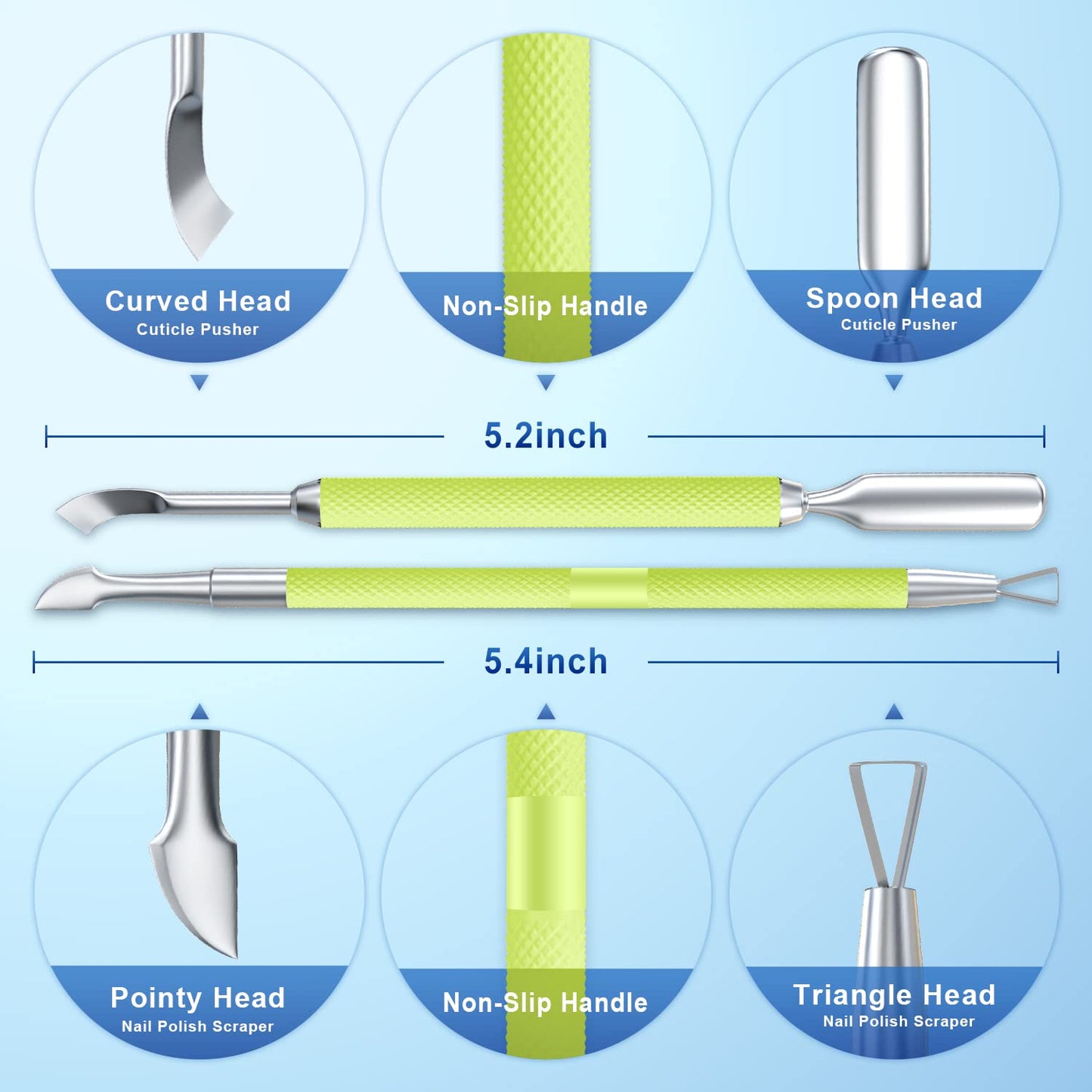 2PCS Metal Neon Green Cuticle Pusher and Cutter Remover Salon Quality Stainless Steel Gel Nail Polish Peeler Scraper Durable Manicure and Pedicure Cleaner Tool For Fingernail and Toenail-FemmiqueWomen
