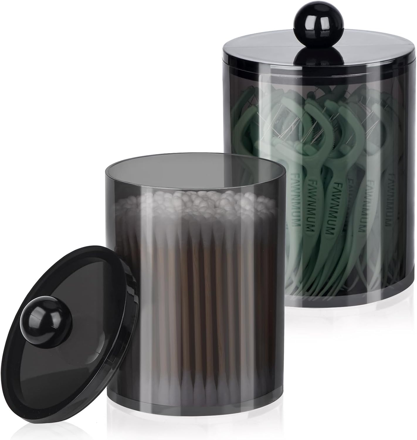 2 Pack Qtip Holder,Canister Apothecary Jar Set, Bathroom Jars with Lids Set for Cotton Swabs, Balls, Pads, Floss Picks,10oz-12oz Plastic Canisters Restroom Bedroom Vanity Organizer(Black)-FemmiqueWomen