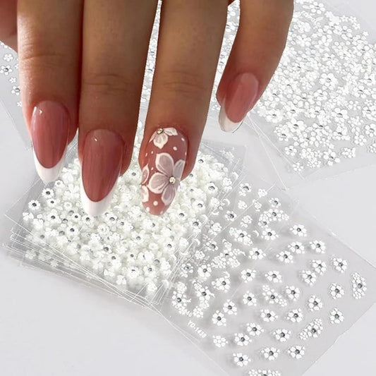 30 Sheets White Flower Nail Art Stickers, 3D Self Adhesive White Flower Nail Sticker Design Holographic Small Floral with Rhinestones Nail Art Decals Nail Supplies for Women Girls Manicure Decoration-FemmiqueWomen