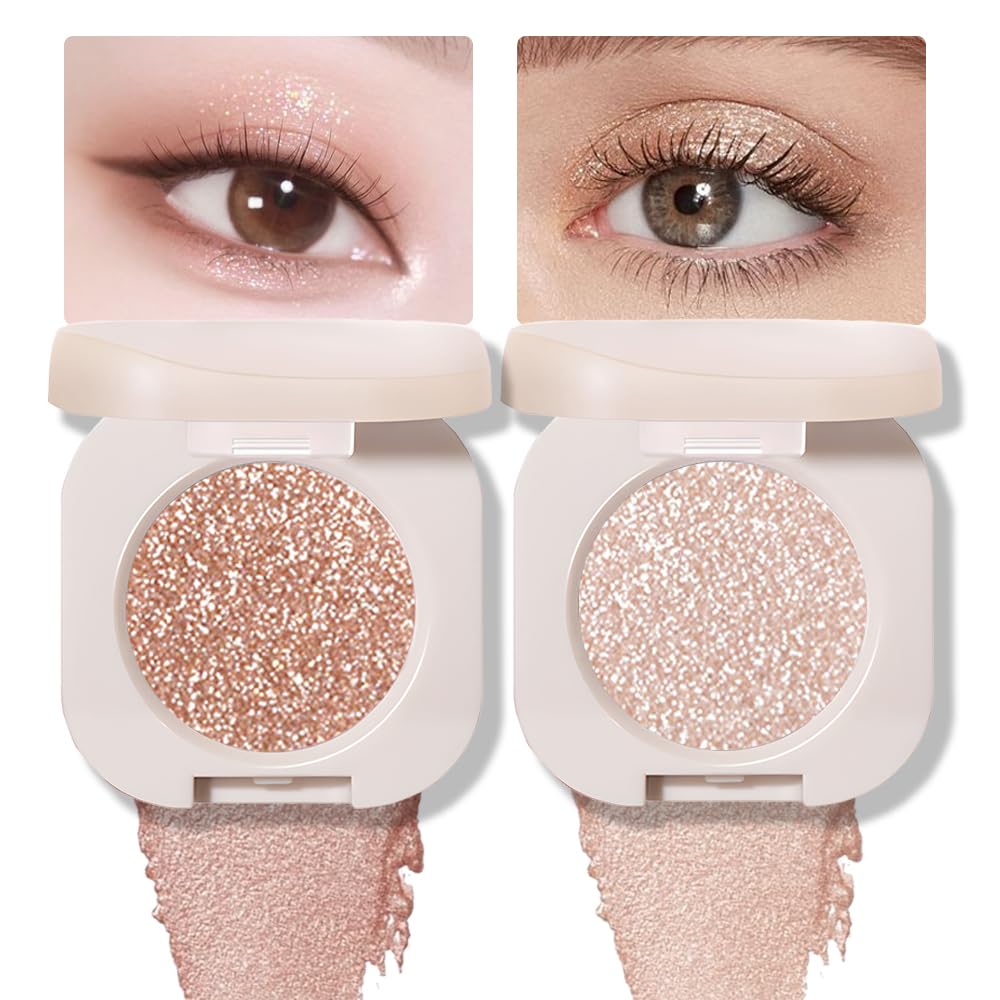 2Pcs Glitter Shimmer Sparkle Eyeshadow Palette Makeup, Light Brown Pearl White Glitter Shimmer Metallic Holographic Multichrome Cream Iridescent Single Monochrome Eye Shadow Makeup-FemmiqueWomen