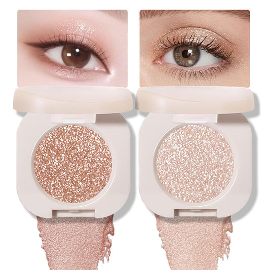 2Pcs Glitter Shimmer Sparkle Eyeshadow Palette Makeup, Light Brown Pearl White Glitter Shimmer Metallic Holographic Multichrome Cream Iridescent Single Monochrome Eye Shadow Makeup-FemmiqueWomen