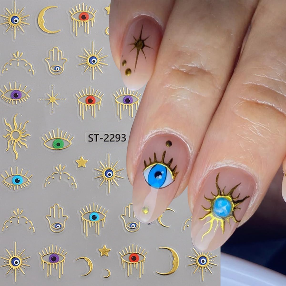 12 Sheets Gold Eye Nails Stickers Decals Star Sun Design Nails Art Stickers 3D Self-Adhesive Snake Moon Nail Art Decals for Women DIY Nail Decorations-FemmiqueWomen