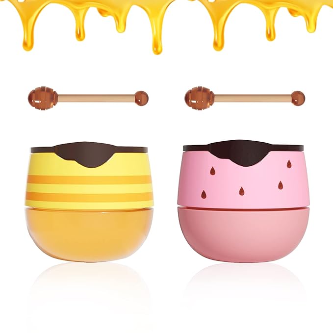 2PCS Bee Lip Balm Honey Pot,Honey Lip Balm With Honey Spoon,Honey Lip Mask Moisturizing Hydrating Prevents Dry and Chapped Lips,Lip Exfoliating Bee Lip Balm（Honey+Strawberry）-FemmiqueWomen