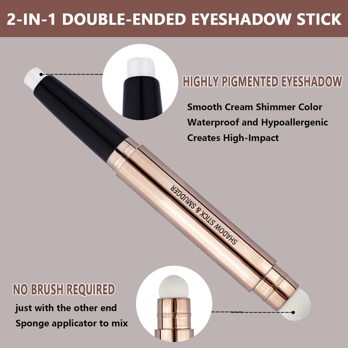 2 in 1 eyeshadow stick and Sponge Makeup Brush, Smooth Cream Shimmer Shadow Pencil Long Lasting Waterproof Eye Shadow Highlighter Stick Makeup, Hypoallergenic Multi-Dimensional eyes Look-FemmiqueWomen