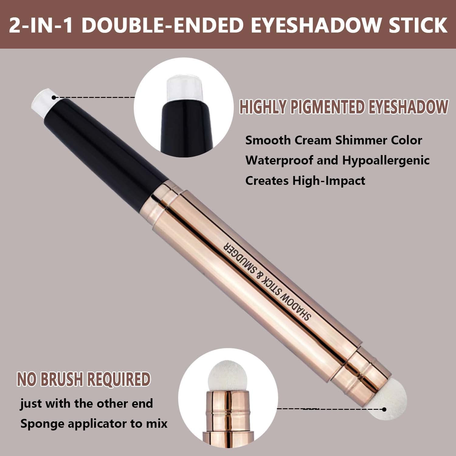2 in 1 eyeshadow stick and Sponge Makeup Brush, Smooth Cream Shimmer Shadow Pencil Long Lasting Waterproof Eye Shadow Highlighter Stick Makeup, Hypoallergenic Multi-Dimensional eyes Look-FemmiqueWomen