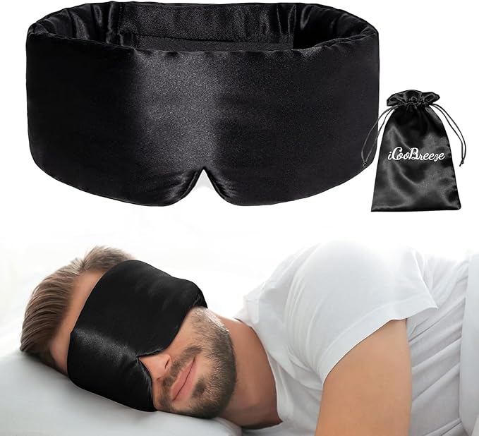 100% Natural Silk Eye Mask for Women Men, Soft Pressureless Cooling Blackout Eye Covers for Sleeping, Large Size Sleep Mask fits All Heads Adjustable, 1PC, Black-FemmiqueWomen