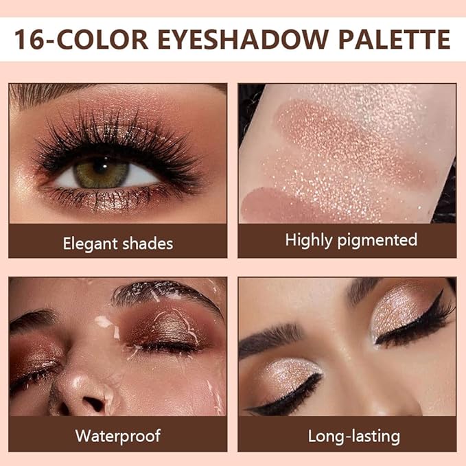 16 Girds Colorful Matte Shimmer Eyeshadow Palette for Eye Makeup,High Pigmented Eye Shadow Primers Powder Palet de sombras de ojos-Glitter Nude#-FemmiqueWomen