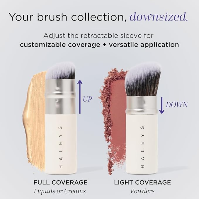 HALEYS Retractable Face Brush, VEGAN Dense, Angled Bristles & Adjustable Sleeve, Portable Makeup Brush for Quick, Easy Streak-Free Blending of Liquids, Creams, Powders, Travel-friendly Mess-Free Cap-FemmiqueWomen