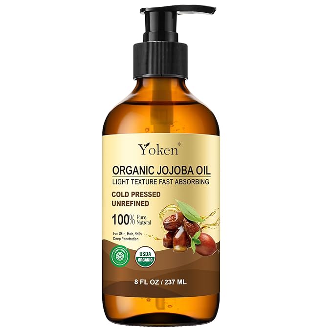 Yoken Organic Jojoba Oil Glass Bottle 8 fl oz, USDA Certified 100% Pure & Natural Jojoba Oil for Hair, Skin & Face, Cold Pressed Unrefined Hexane Free, Deeply Moisturizing Body Serum Oils for Gua Sha-FemmiqueWomen