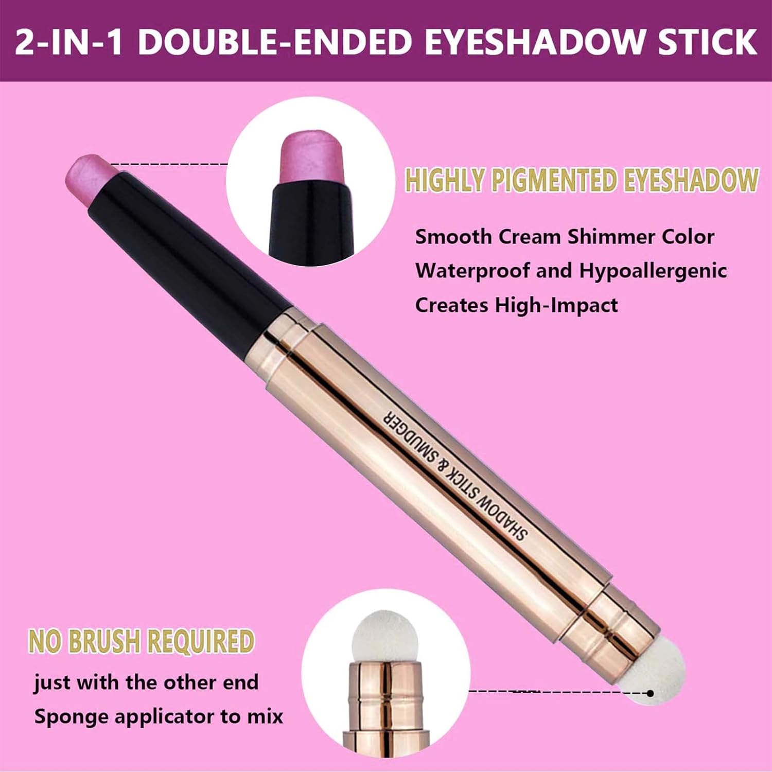 2 in 1 Eyeshadow Stick - Cream Smooth Shimmer Hot Pink Eyeshadow Pencil, Hypoallergenic Waterproof Long Lasting Multi-Dimensional Eye Shadow Highlighter Stick Makeup Eyeliner Pen (Shimmer #13)-FemmiqueWomen