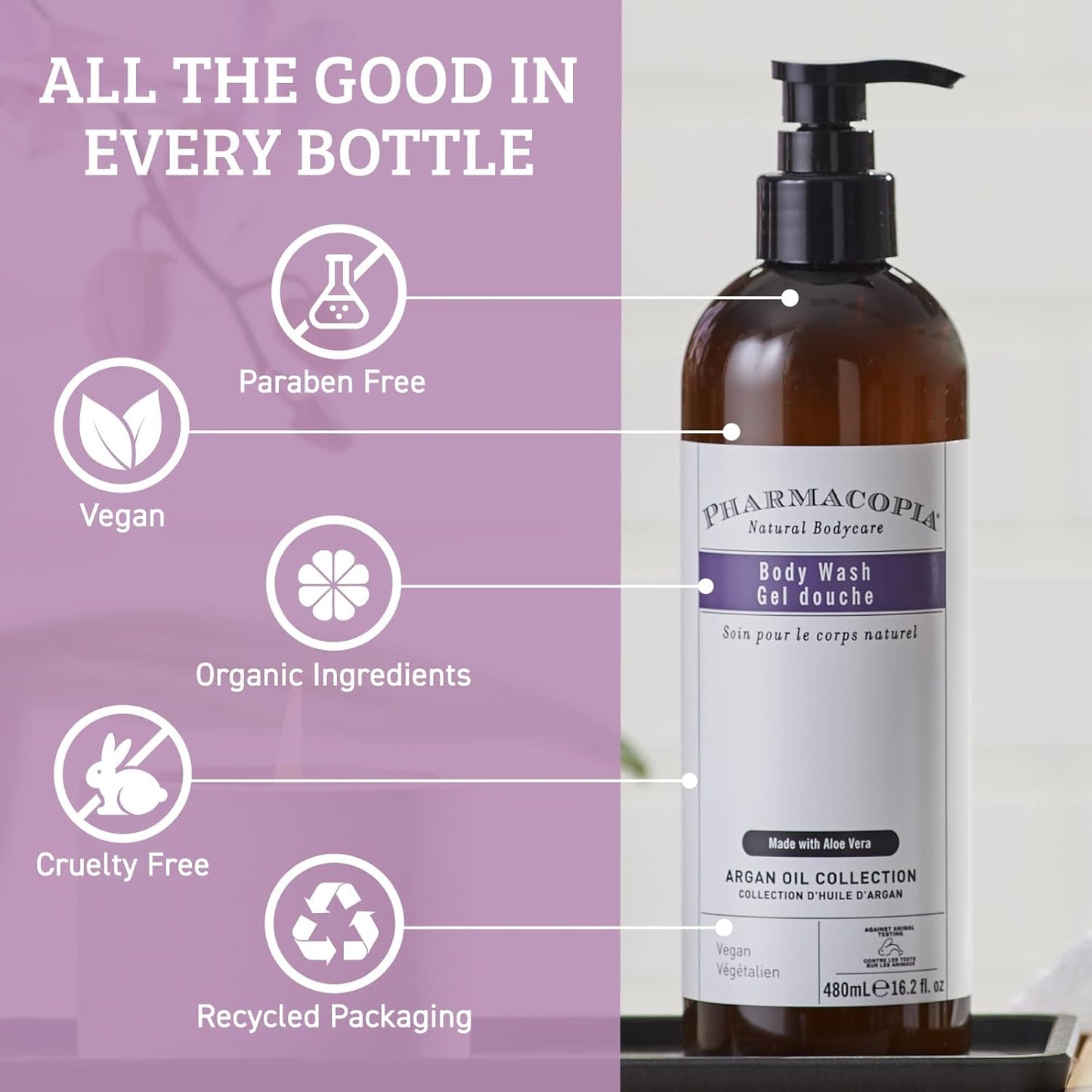 Pharmacopia Hotel Argan Oil Body Wash - Vegan Moisturizing Shower Gel with Aloe Vera, Coconut Oil and Green Tea Extract - Natural, Organic and Cruelty-Free Skin Care for Men and Women, 16.2 oz-FemmiqueWomen