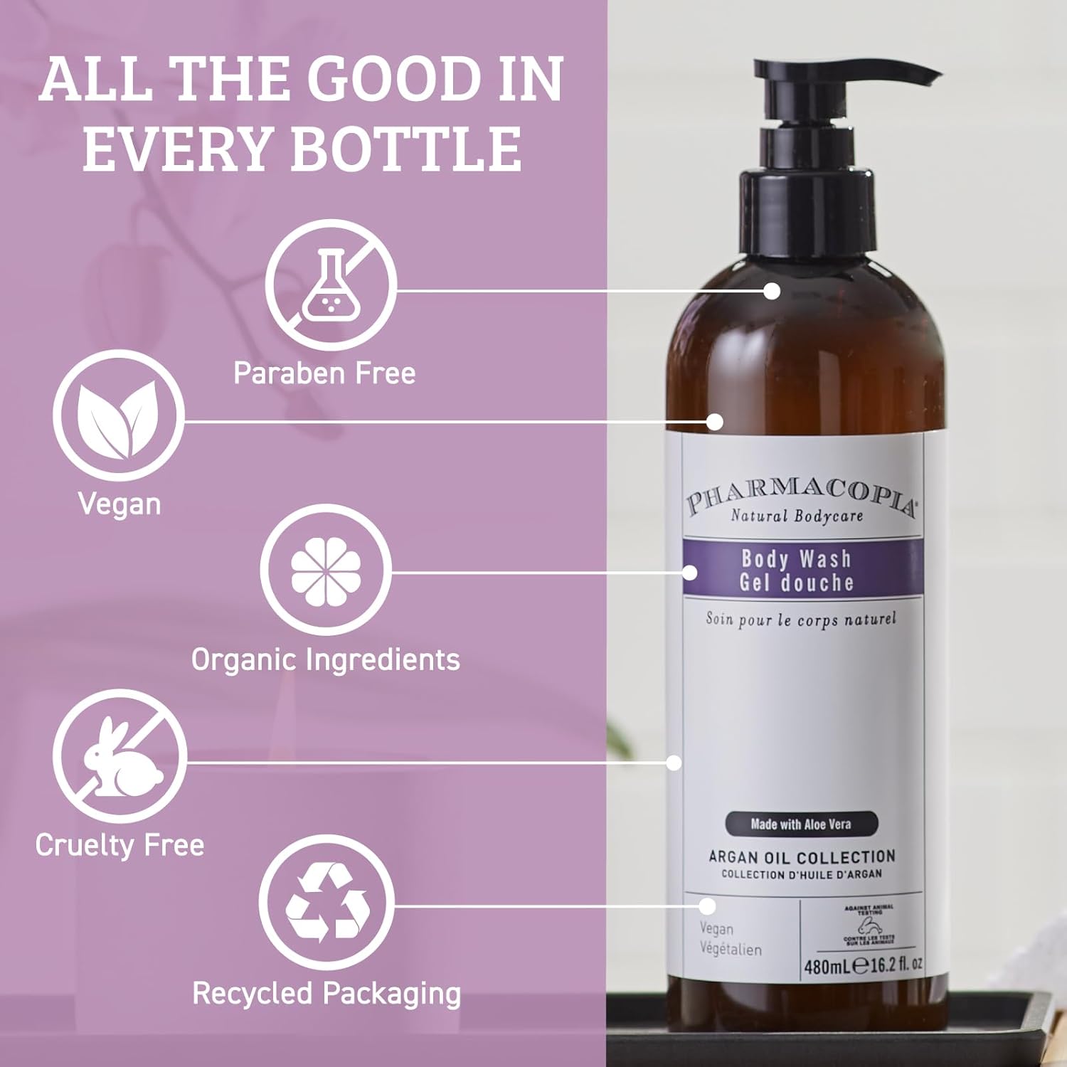 Pharmacopia Hotel Argan Oil Body Wash - Vegan Moisturizing Shower Gel with Aloe Vera, Coconut Oil and Green Tea Extract - Natural, Organic and Cruelty-Free Skin Care for Men and Women, 16.2 oz-FemmiqueWomen