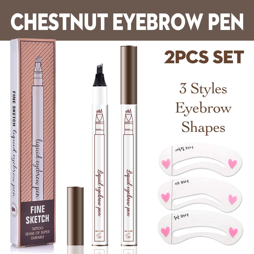 2 Pcs/Set Eyebrow Ink Pencil by Brow Stylist -Micro 4 Point Brow Pen Lift & Snatch Eyebrow Pen Kits with 3 Eyebrow Stencil Long-Lasting Waterproof Natural Eyebrow Hair (01# chestnut colour)-FemmiqueWomen