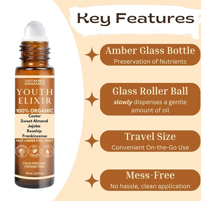 Youth Elixir - Roll On Facial Serum For Under Eyes and Face with Certified Organic, Cold Pressed, Hexane Free Castor, and Frankincense Oil - Miracle Anti-Aging Oil 10mL-FemmiqueWomen