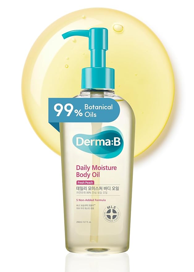 Derma B | Daily Moisture Body Oil | 99% Natural Argan & Sweet Almond Oil | Shower Oil for Dry Sensitive Skin | Light & Long-Lasting Hydration | Skin Body Care Oil with Peach Scent | 6.78 fl oz (200ml)-FemmiqueWomen