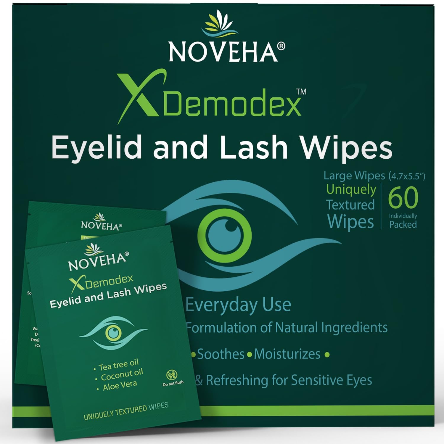NOVEHA Demodex Eyelid & Lash Wipes | Box Of 60 Individually Wrapped Extra Strength Cleansing Eyelash Wipes - Battle Itchy & Irritated Eyes associated with Demodex Mites, Naturally Remove debris-FemmiqueWomen