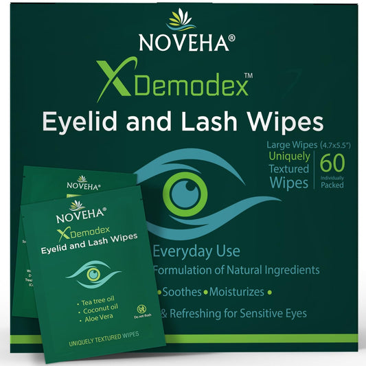 NOVEHA Demodex Eyelid & Lash Wipes | Box Of 60 Individually Wrapped Extra Strength Cleansing Eyelash Wipes - Battle Itchy & Irritated Eyes associated with Demodex Mites, Naturally Remove debris-FemmiqueWomen