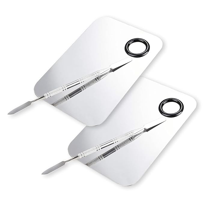 2 Pcs Makeup Mixing Palette, Upgrad Stainless Steel Metal Foundation Palette with Spatula Artist Tool for Mixing Foundation Nail-Art 5.9x3.9 in-FemmiqueWomen