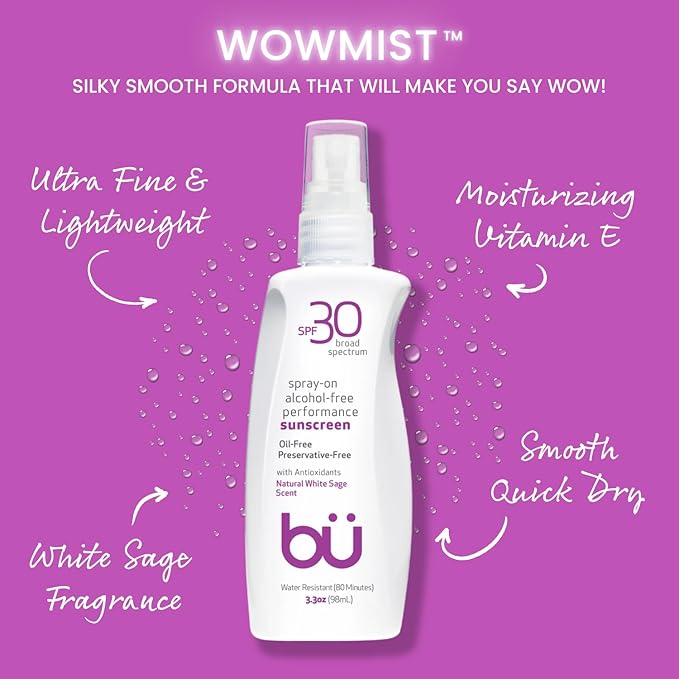 BU SPF 30 Sunscreen Spray for Face and Body, Non Aerosol Spray, Ultrafine WOWmist, TSA Travel Size Sunscreen, Clear, Non Greasy, Water Resistant, White Sage 3.3 oz-FemmiqueWomen