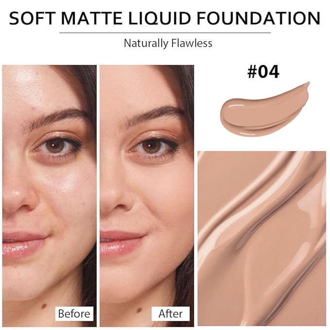 2 Pack Liquid Foundation Cream with Foundation Brush for Face Makeup,Durable Full Coverage Matte Concealer Make Up,Oil Control & Waterproof Base Primer -1 Fl.Oz (#04)-FemmiqueWomen