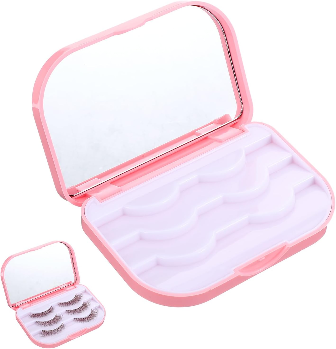Eyelash Storage Case, 3 Layer Lash Case Makeup Storage Box with Makeup Mirror Empty Travel Cases Cosmetic Organizer Box Fake Eyelash Container Lash Packaging (Pink)-FemmiqueWomen