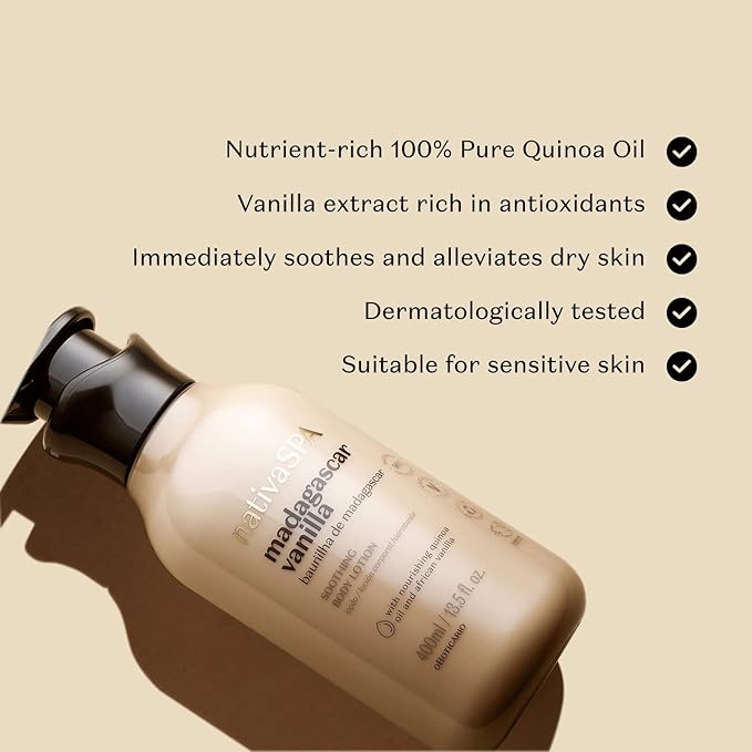 Nativa SPA by O Boticário, Madagascar Vanilla Moisturizing Body Lotion, Fragranced Skin Moisturizer with Purified Quinoa Drops, 13.5 Ounce-FemmiqueWomen