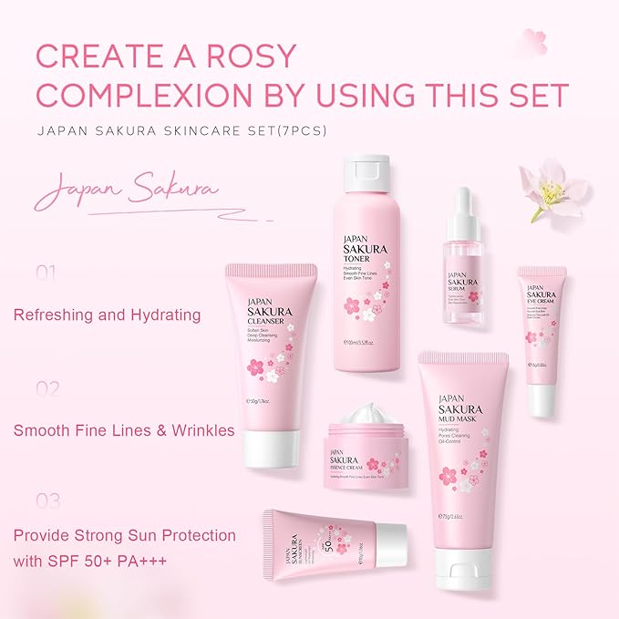 Skin Care Set JAPAN-SAKURA Women Beauty Gift Sets Skin Care Kit, Self-Care Skincare Set: Cleanser,Toner,Serum,Cream,Mud Mask,Eye Cream,Sunscreen, Facial Kit for Women Teen Girls Mom Daughter 7pcs-FemmiqueWomen
