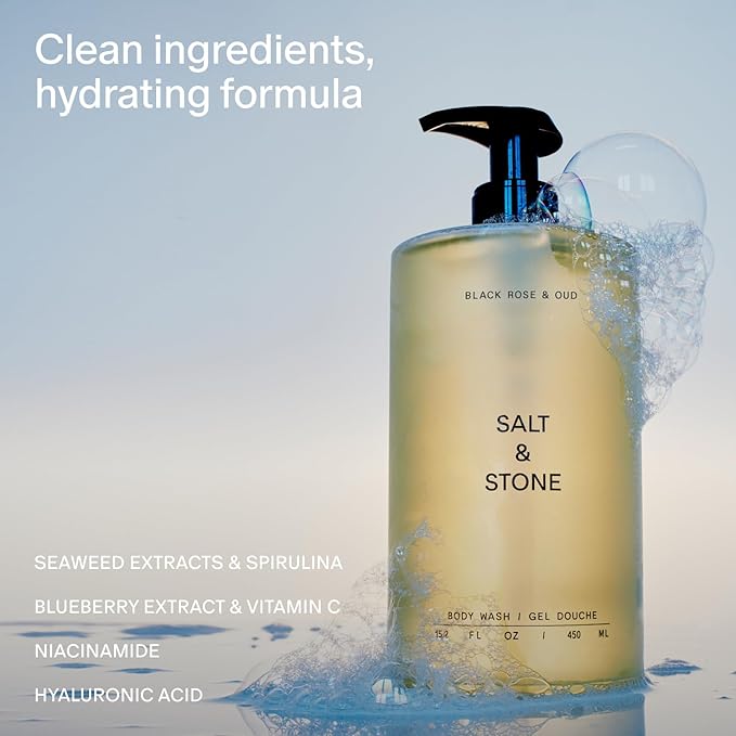 Salt & Stone Body Wash for Women & Men | Black Rose & Oud | Hydrating Gel Cleanser | Clean & Soften Skin | Made with Niacinamide & Hyaluronic Acid | Free From Parabens, Sulfates & Pthalates 15.2 fl oz-FemmiqueWomen