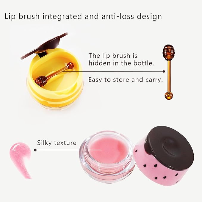 3 PCS Bee Lip Balm Honey Pot, Exfoliating Honey Strawberry Watermelon Lip Mask Overnight with Built-In Brush, Hydrating Prevention Dry and Crack Lip Scrubs Exfoliator Lip Wrinkle Care-FemmiqueWomen