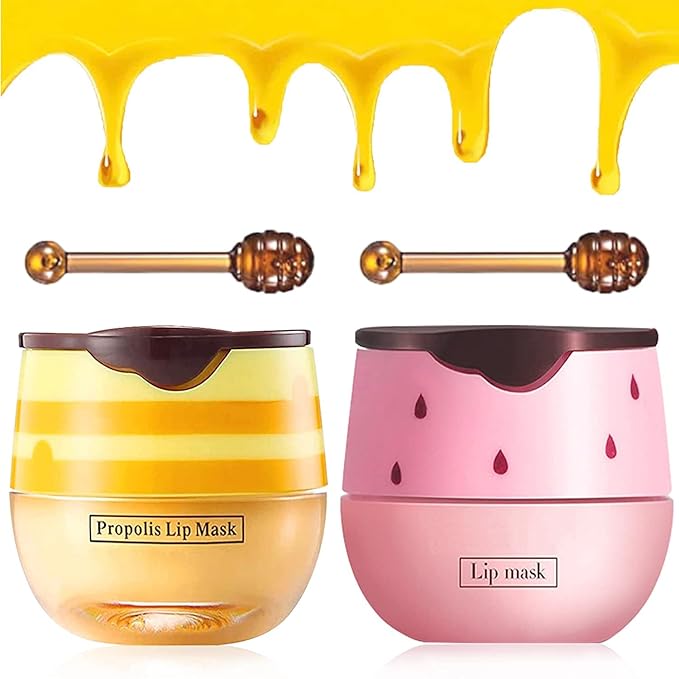 2PCS Bee Lip Balm Honey & Strawberry Lip Balm, Exfoliating Honey Pot Lip Balm Sleeping Lip Mask with Brush, Hydrating & Prevention Dry and Cracked, Lip Scrubs Exfoliator & Moisturizer-FemmiqueWomen
