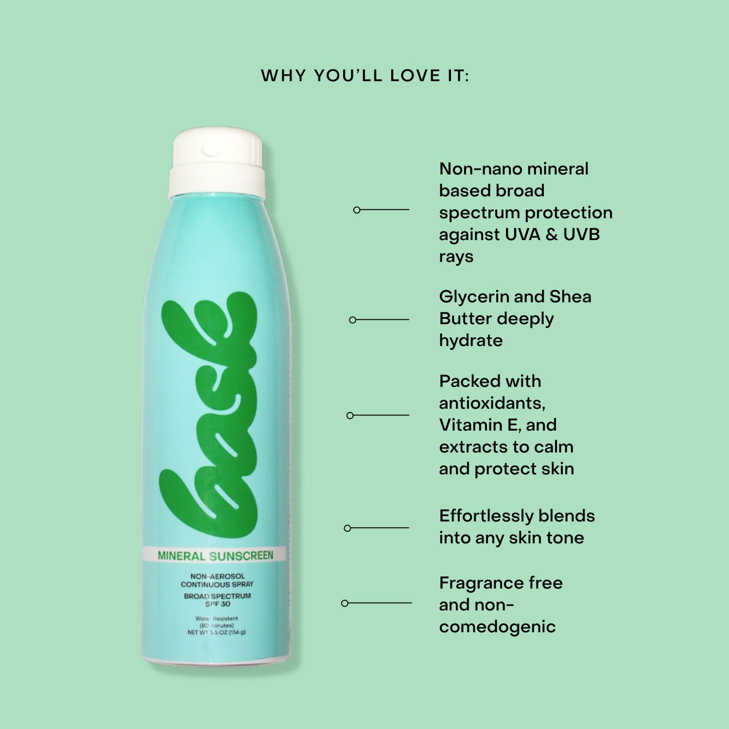 Bask Suncare SPF 30 Mineral Sunscreen Spray - Fragrance Free, Non-Aerosol, Reef Safe, Broad Spectrum UVA/UVB Protection, Dermatologist Recommended, Lightweight & Fast-Absorbing, 5.5 oz-FemmiqueWomen
