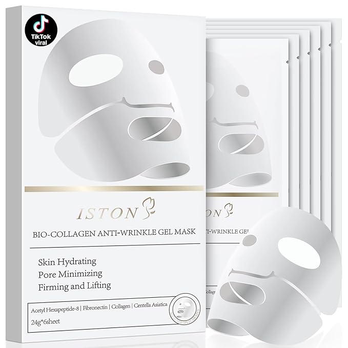 ISTON 6 Pack Bio-Collagen Real Deep Anti Wrinkle Lifting Mask,Overnight Hydrating Face Mask for All Skin Types -Pore Minimizing,Elasticity Enhancing,Firming,Moisturizing-FemmiqueWomen