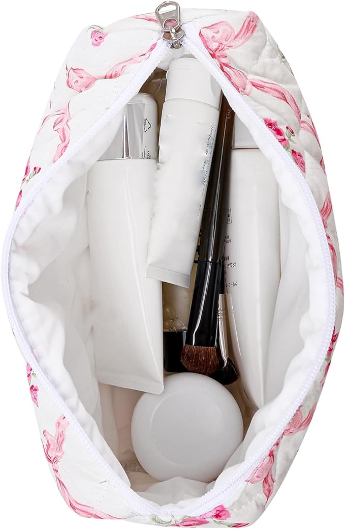 Makeup Bag Travel Cosmetic Bag for Women Girls, Zipper Make Up Pouch, Floral Flowers Toiletry Organizer Makeup, Portable Storage Bag, Cosmetic Travel Cloth Bag (2 Pack (L+S)/Pink Bowknot)-FemmiqueWomen