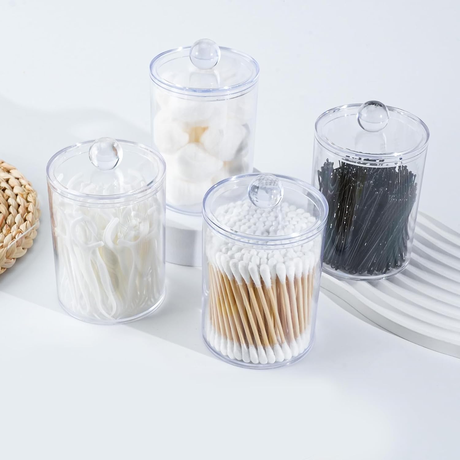 2 Pack Qtip Holder,Canister Apothecary Jar Set, Bathroom Jars with Lids Set for Cotton Swabs, Balls, Pads, Floss Picks,10oz-12oz Plastic Canisters Restroom Bedroom Vanity Organizer(Clear)-FemmiqueWomen