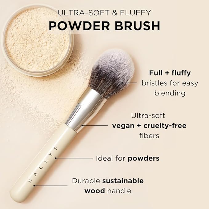HALEYS Powder Brush VEGAN+CRUELTY-FREE, Soft, Streak-free, Perfect Blending, Buff, Blurs, Smooths, Control, Precision, Complexion tools, For powder, setting powder, blush, Sustainable Wood Handle-FemmiqueWomen