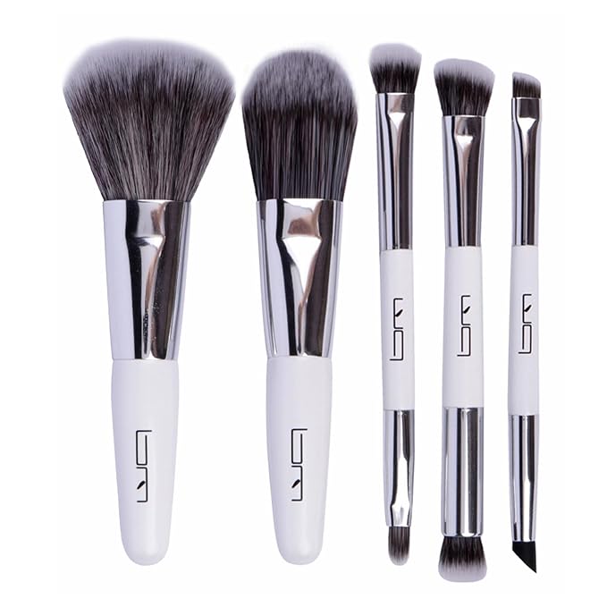 Travel Makeup Brushes Set w/Pouch, 5PCS Double Ended Portable Mini Cosmetic Brushes Kit for Foundation, Eyeshadow, Lip, Blush Make Up Brushes Professional(White)-FemmiqueWomen