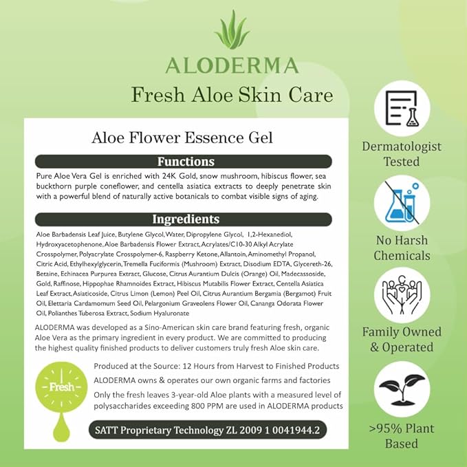 Aloderma Age-Defying Aloe Flower Essence Gel with 24K Gold Leaf, Made within 12 Hours of Harvest - Luxurious Aloe Gel with Allantoin & Hyaluronic Acid for a Shimmering, Youthful Complexion, 7oz 3-Pack-FemmiqueWomen
