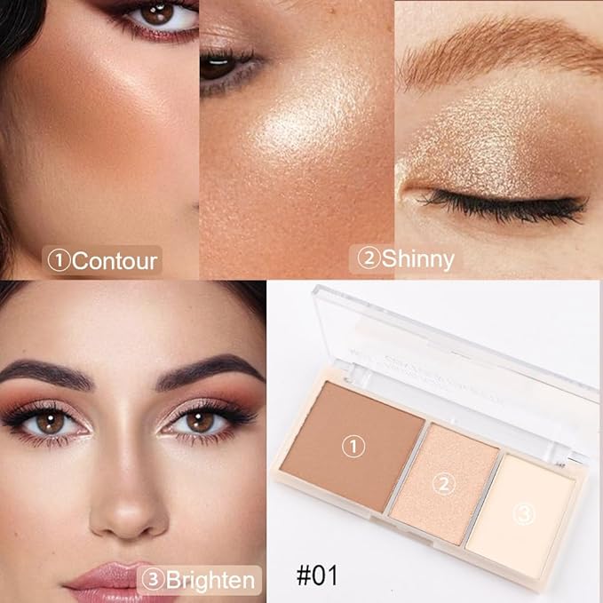 3 IN 1 Brown Nude Face Highlight Bronzer Powder Palette for Face Cheeks Contour Brightening, Buildable Matte Coverage Natural Makeup,Ultra Sculpt Nose Shadow Eyeshadow Primer 01#-FemmiqueWomen