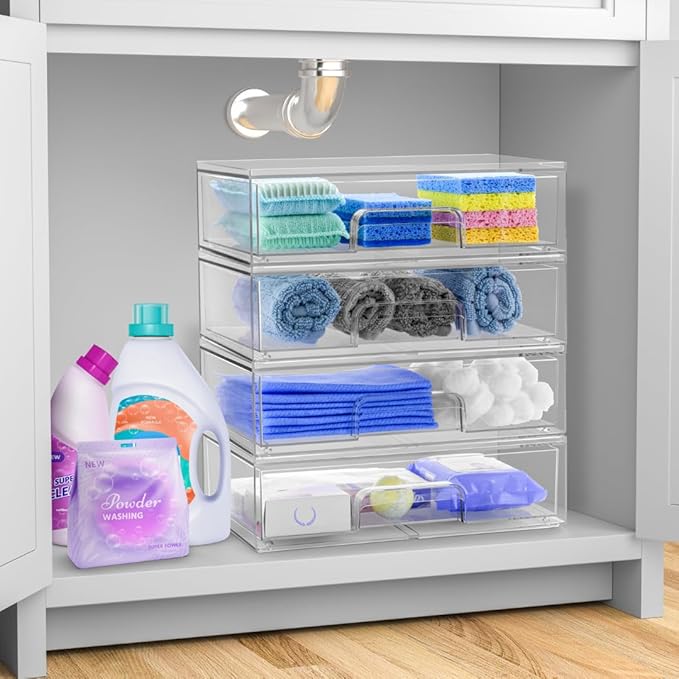 Sorbus Acrylic Storage Containers - 4 Pack, Stackable Storage Bins Set for Bathroom Organization - Clear Acrylic Drawer Organizers - Makeup Case Pull-Out Drawers (12.1’’ Wide)-FemmiqueWomen