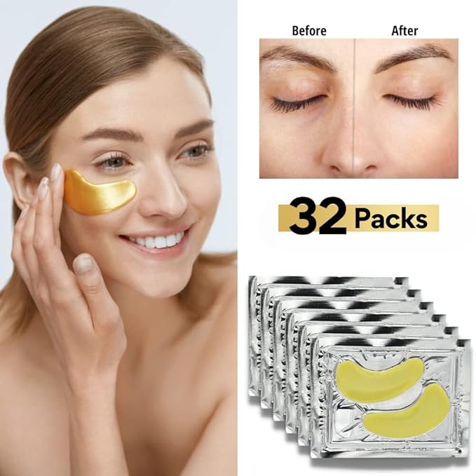 32 Pairs 24K Gold Under Eye Patches with 4 pieces of Lip Mask, Anti-Aging Eye Mask, Under Eye Mask Dark Circles and Puffiness, Wrinkles Patches with Hydrogel, Collagen Eye Pad-FemmiqueWomen