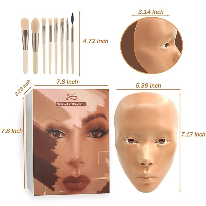 3D Makeup Practice Face,Reusable Makeup Mannequin Face with Makeup Brushes Set,Silicone Full Face Practice Eyelash Eye Shadow,for Emerging Makeup Artist,for Girl's Gift-FemmiqueWomen